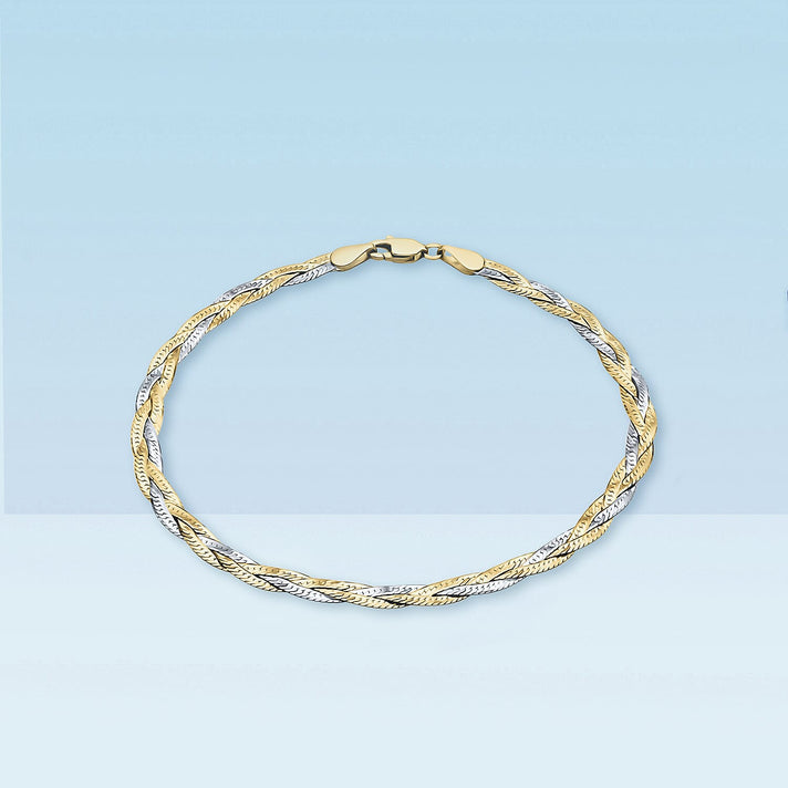 9K Two Colour Gold 3MM Diamond Cut 3 Plait Herringbone Bracelet 7.5 Inch 2.1 grams 6093041 2