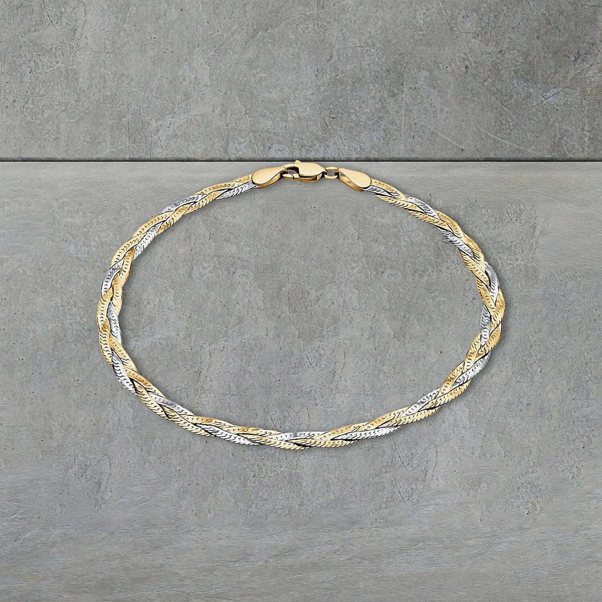 9K Two Colour Gold 3MM Diamond Cut 3 Plait Herringbone Bracelet 7.5 Inch 2.1 grams 6093041 2