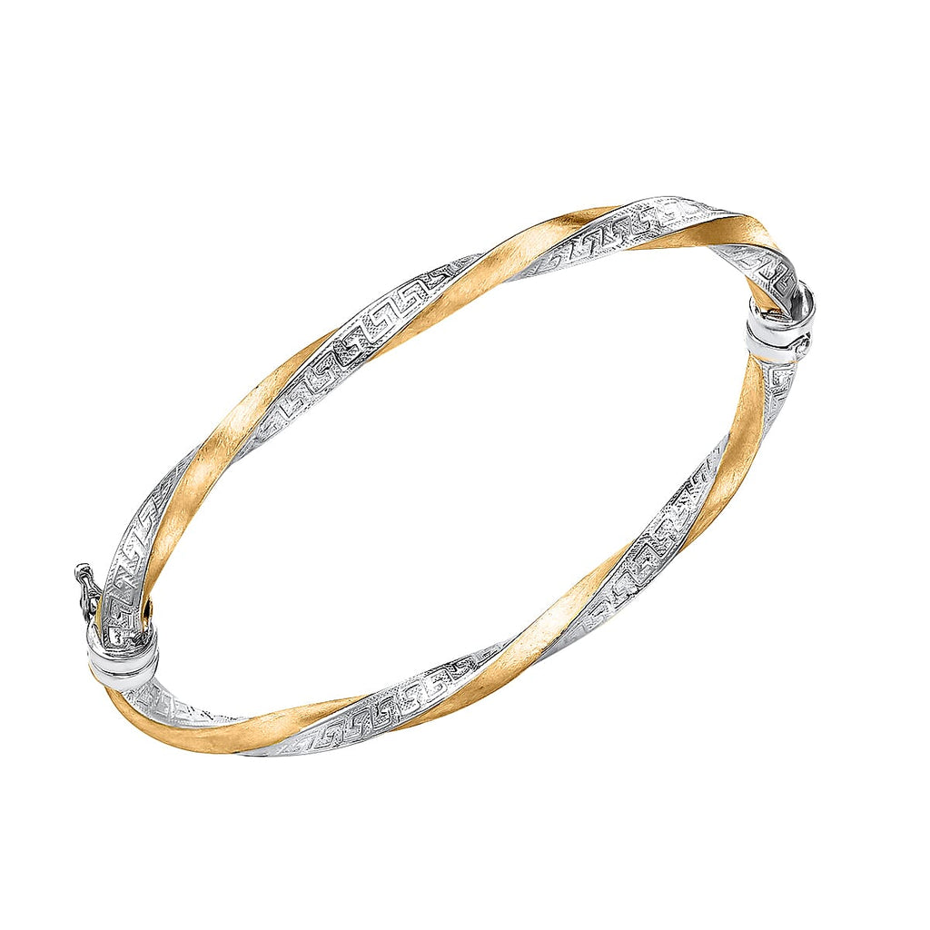 9K Two Colour Gold 4mm Greek Key Satin Twist Bangle
