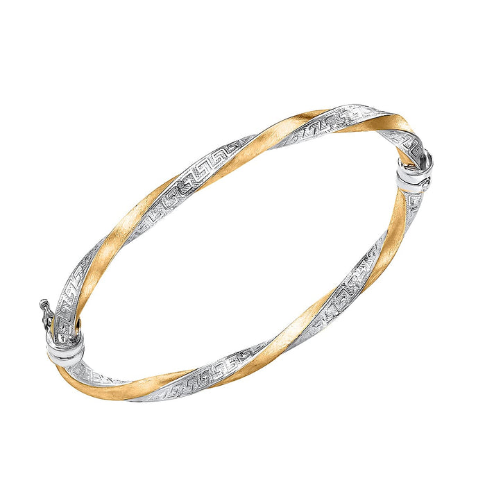 9K Two Colour Gold 4mm Greek Key Satin Twist Bangle 7193081 1