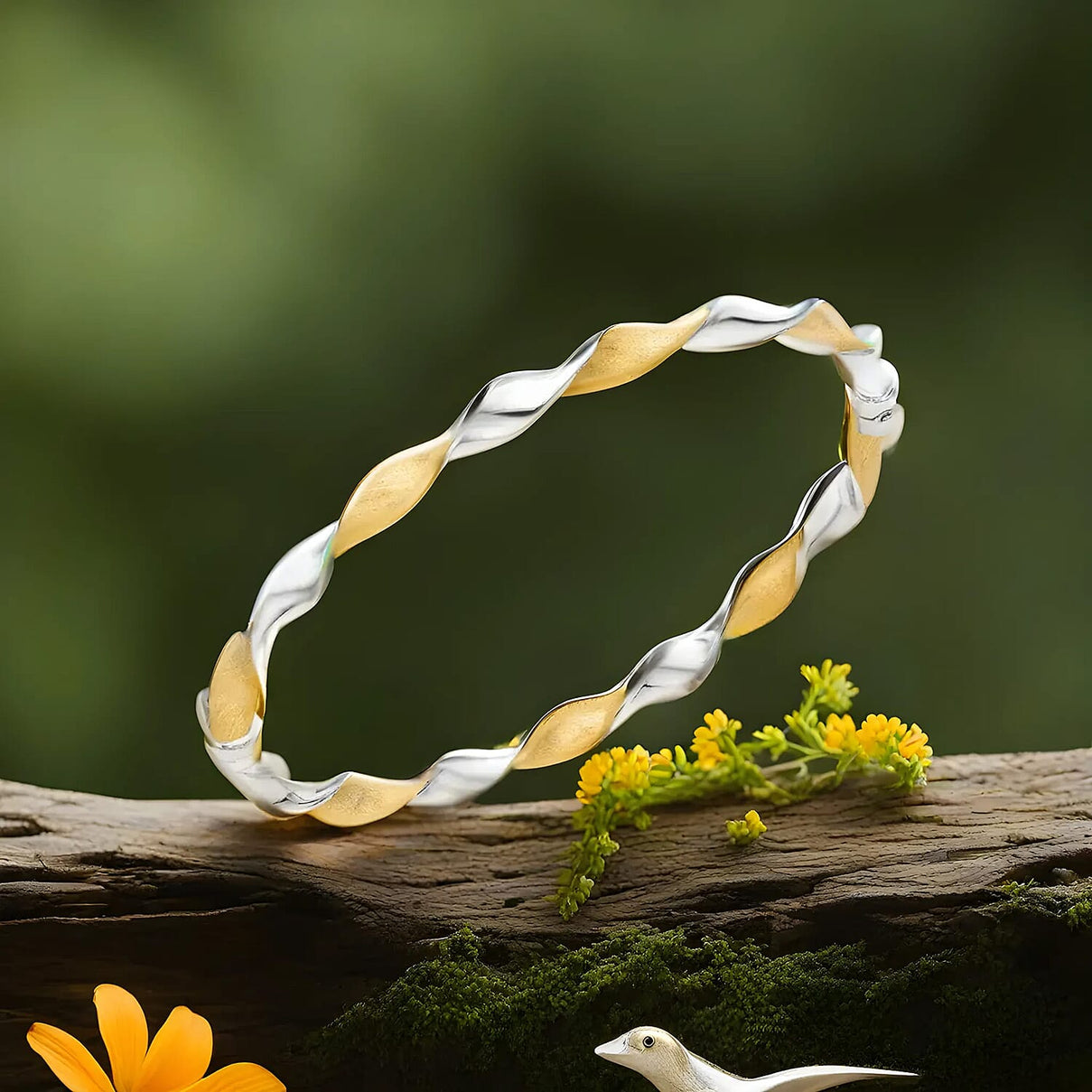 9K Two Colour Gold 5mm Polished And Satin Twist Bangle 7193085 2
