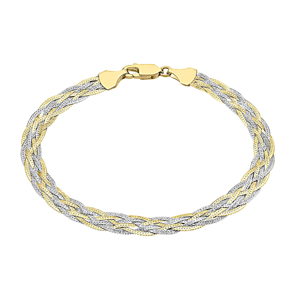 9K Two Colour Gold Plait Textured Herringbone Bracelet 7 Inch, 2.9 grams