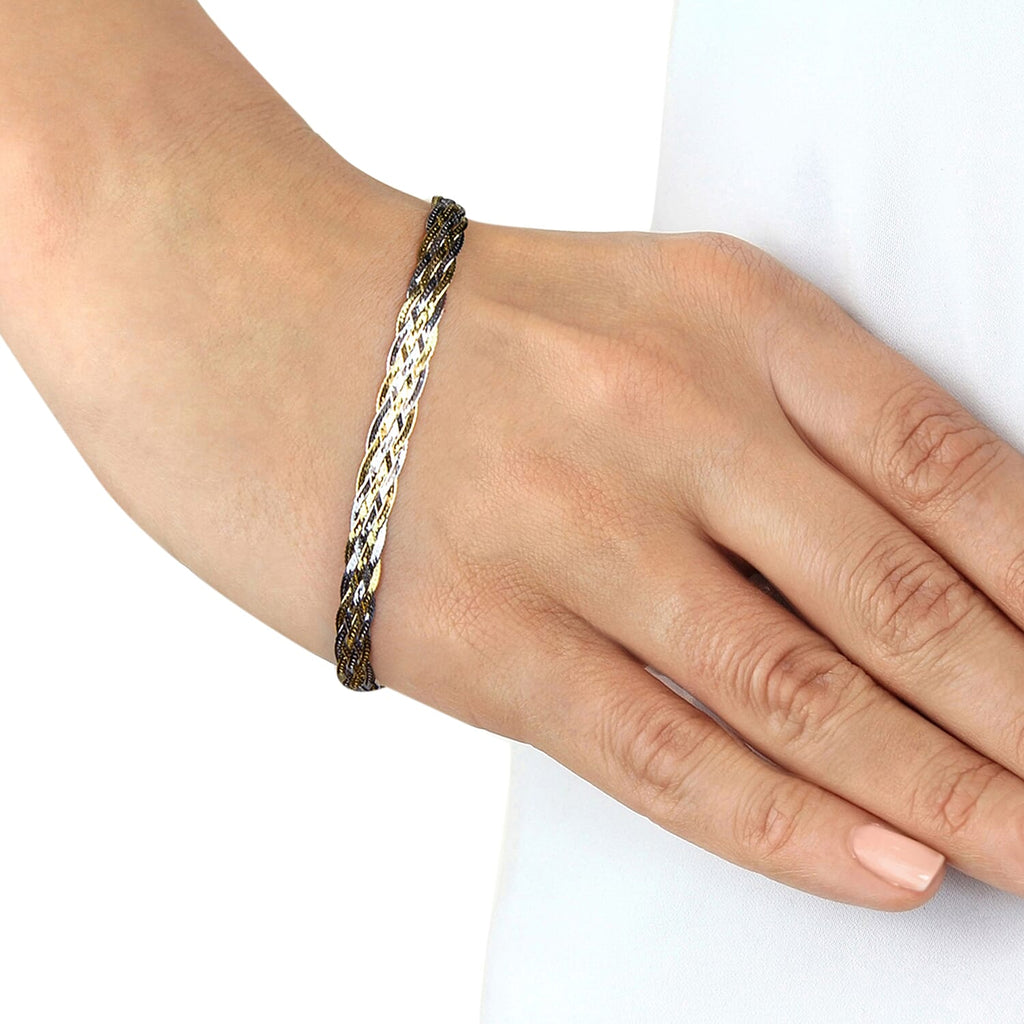 9K Two Colour Gold Plait Textured Herringbone Bracelet 7 Inch, 2.9 grams