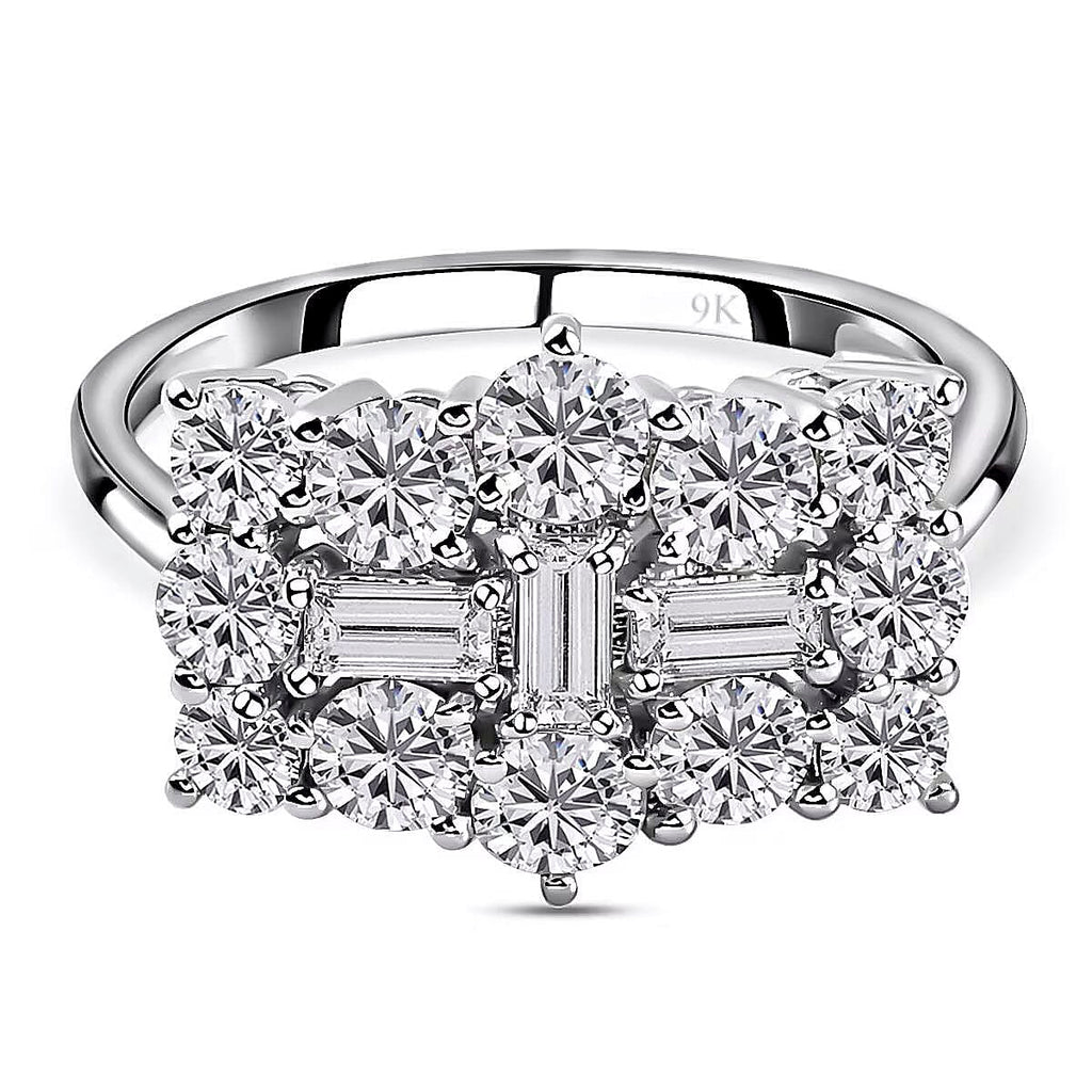 9K White Gold Fine Quality Moissanite Cluster Ring 1.92 Ct