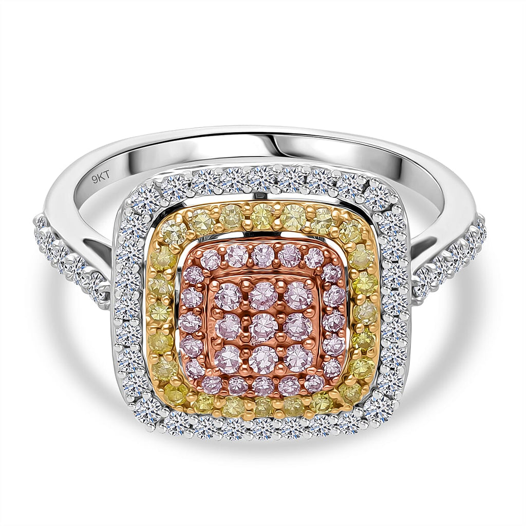 9K Tri Colour Gold SGL Certified Natural Pink Diamond, Natural Yellow Diamond & Natural White Diamond Ring 1.00 Ct.