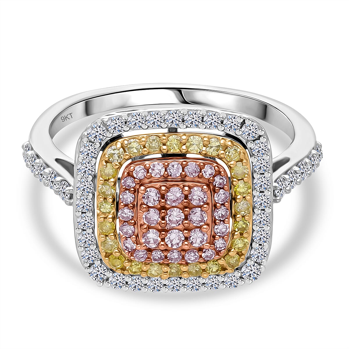 9K White Gold 1 Ct. Pink Diamond, Natural Yellow Diamond, White Diamond Cluster Ring 8114272 0