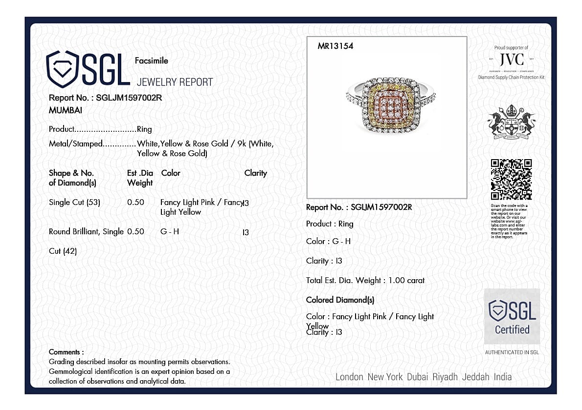 9K White Gold 1 Ct. Pink Diamond, Natural Yellow Diamond, White Diamond Cluster Ring 8114272 7