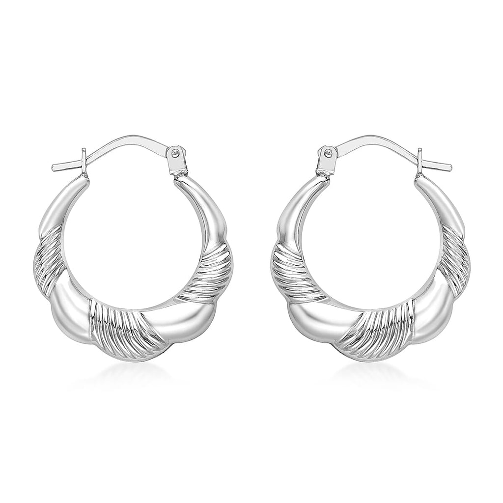 9K White Gold 19mm X 22mm Patterned Scallop Edge Creole Earrings