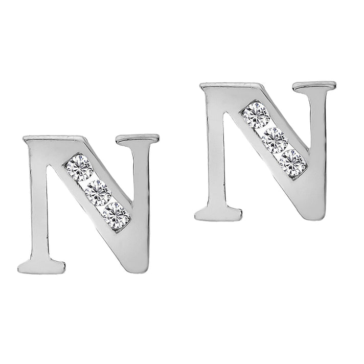 N Initial Stud Earrings in 9K White Gold Cubic Zirconia 6mm x 6mm 7388072 1
