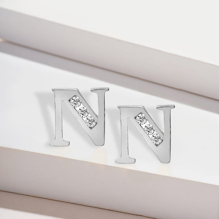 N Initial Stud Earrings in 9K White Gold Cubic Zirconia 6mm x 6mm 7388072 2