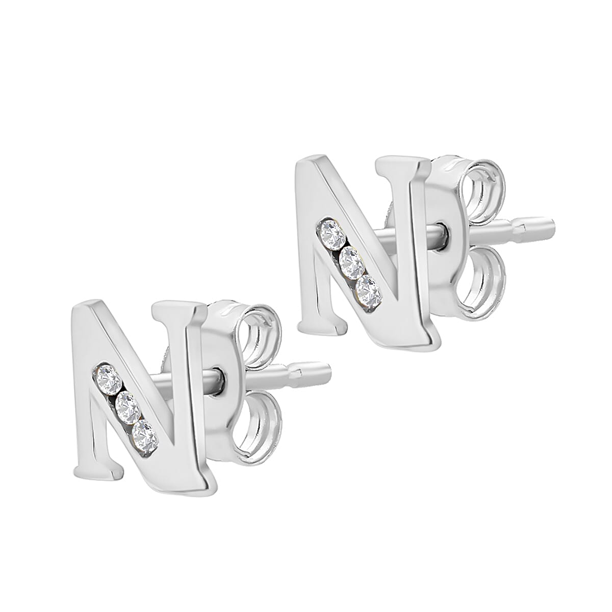 N Initial Stud Earrings in 9K White Gold Cubic Zirconia 6mm x 6mm 7388072 3