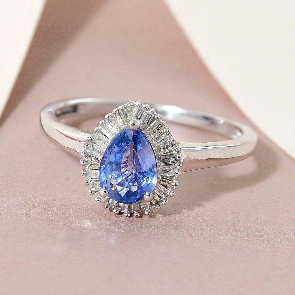 9K White Gold Ceylon Sapphire and Diamond Ring 1.09 Ct.
