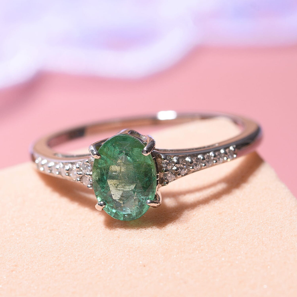 Emerald and Moissanite Ring in 9K White Gold 7539805 1