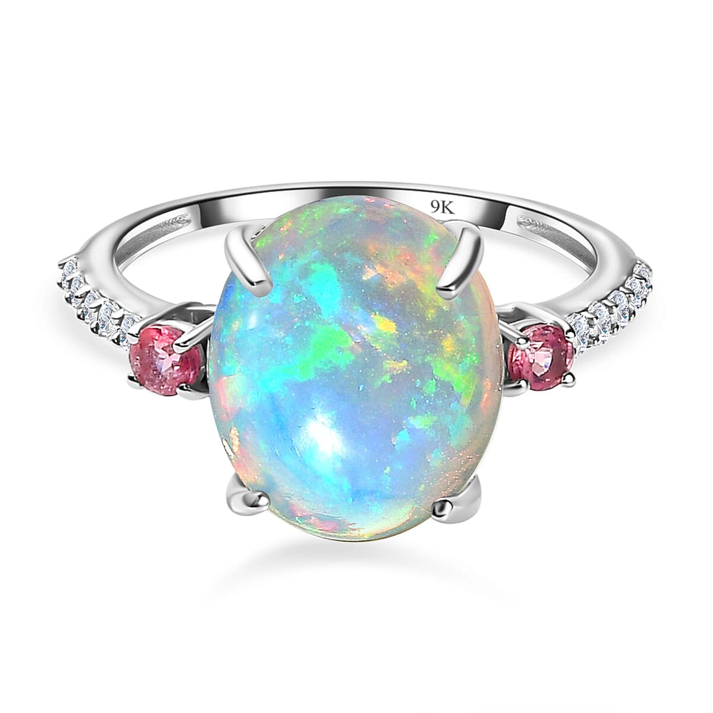 9K White Gold Ethiopian Welo Opal, Pink Tourmaline & Moissanite Ring 3.63 Ct.
