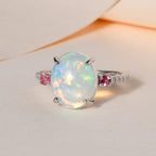 9K White Gold Ethiopian Welo Opal, Pink Tourmaline & Moissanite Ring 3.63 Ct.