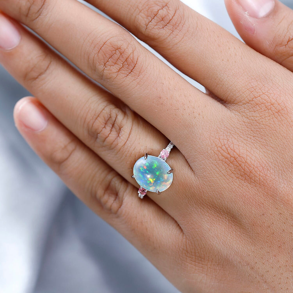 9K White Gold Ethiopian Welo Opal, Pink Tourmaline & Moissanite Ring 3.63 Ct.