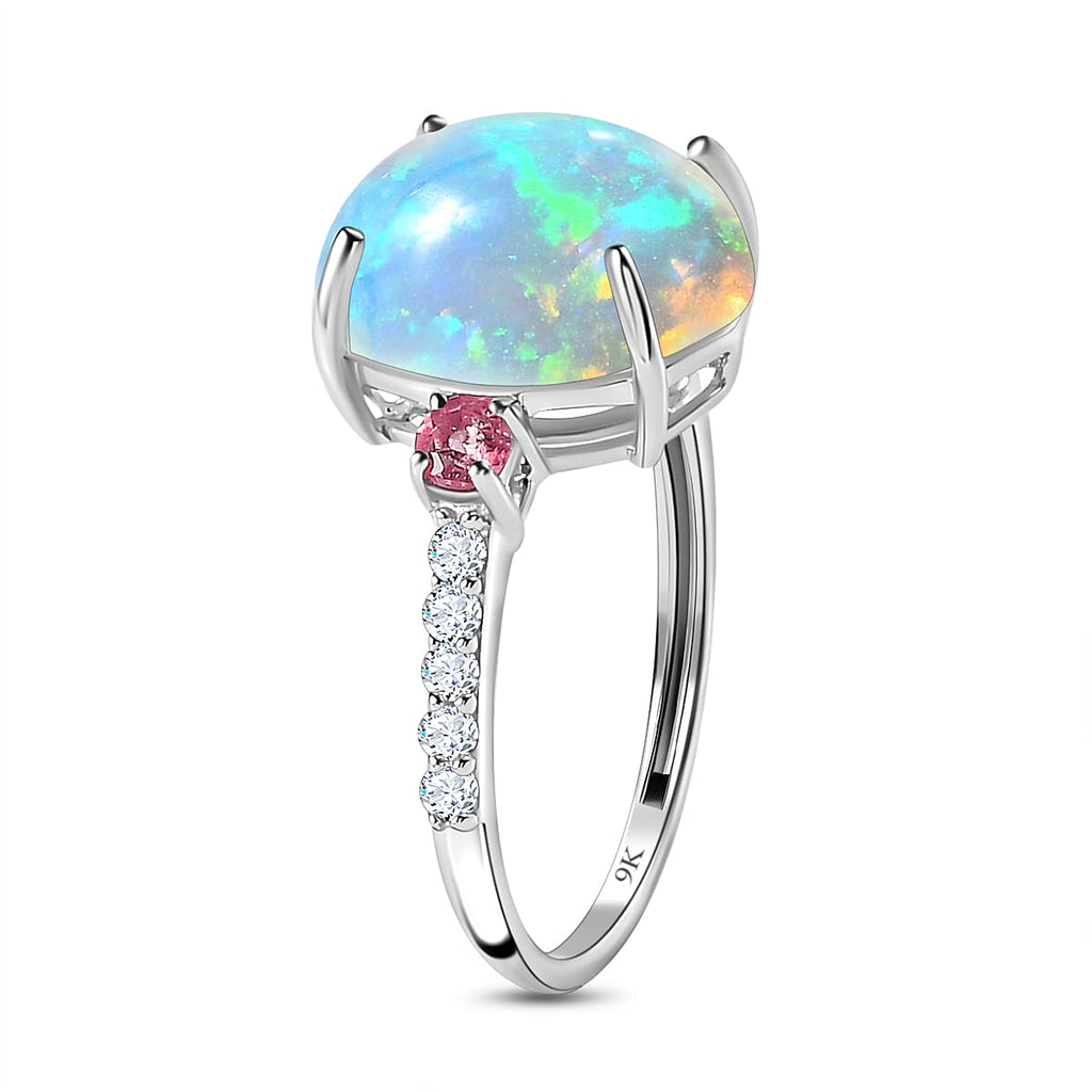 9K White Gold Ethiopian Welo Opal, Pink Tourmaline & Moissanite Ring 3.63 Ct.