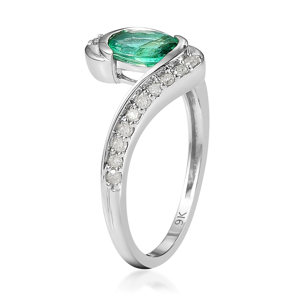 9K White Gold Kagem Zambian Emerald and Diamond Bypass Ring 1.00 Ct.