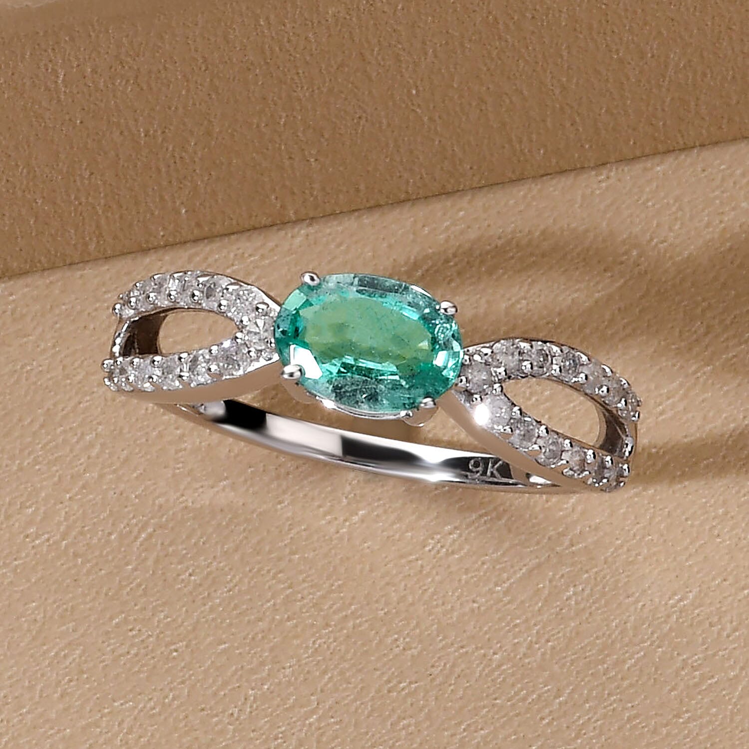 9K White Gold AA Kagem Zambian Emerald and Diamond I3 GH Crisscross Ring 1 Ct 7018736 2