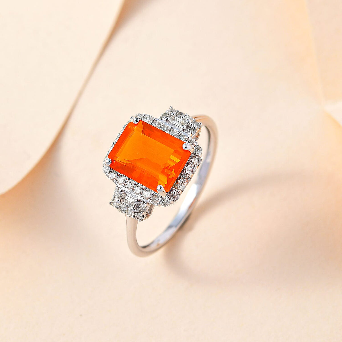 9K White Gold AA Mexican Cherry Fire Opal ,White Diamond Main Stone With Surrounding Stone Ring 2.01 Ct 7253043 2