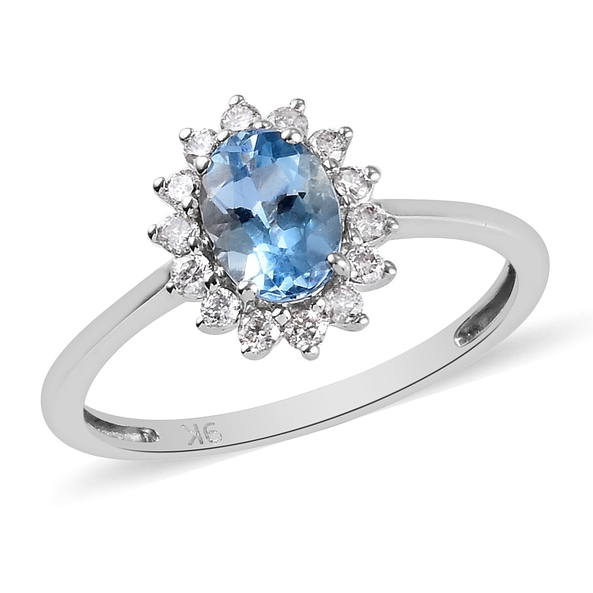 9K White Gold AA Santamaria Aquamarine Princess Diana Inspired Halo Ring with Diamond 3754679 0