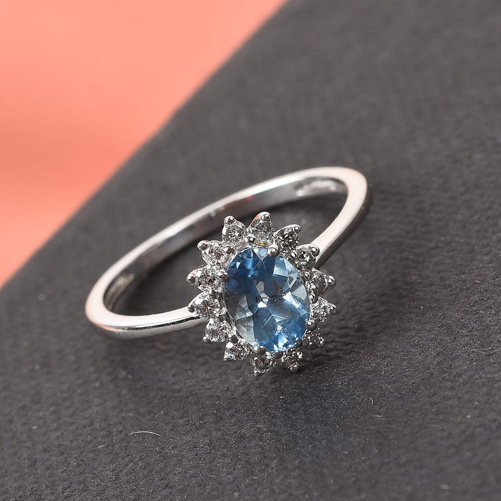 9K White Gold AA Santamaria Aquamarine Princess Diana Inspired Halo Ring with Diamond 3754679 2