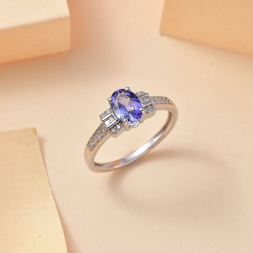 9K White Gold AA Tanzanite,White Diamond Main Stone With Side Stone Ring