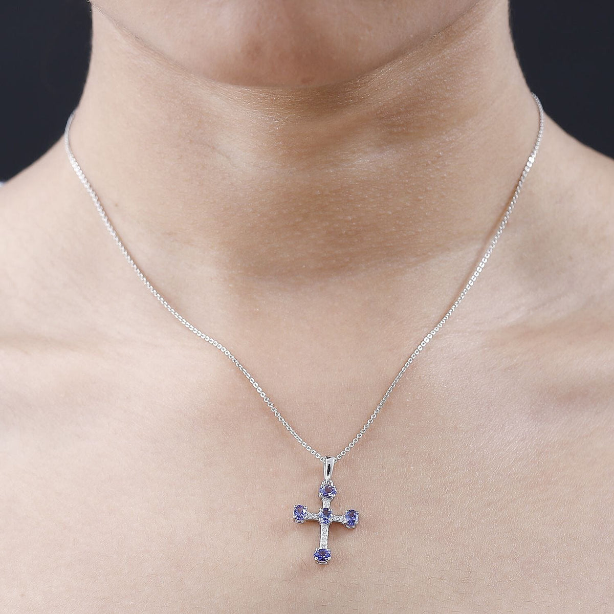 9K White Gold AA Tanzanite and Moissanite Cross Pendant 1.01 Ct 7152915 2