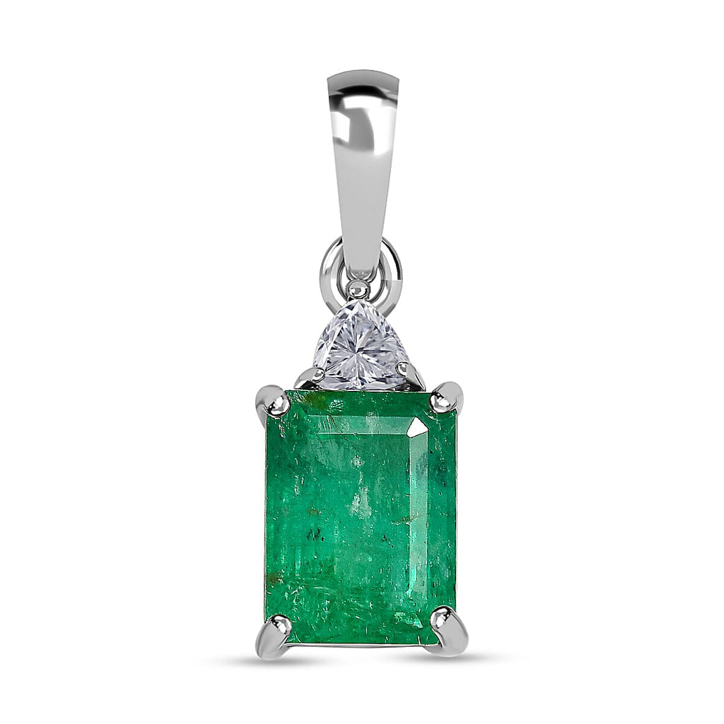 9K White Gold Zambian Emerald and Moissanite Pendant 1.54 Ct