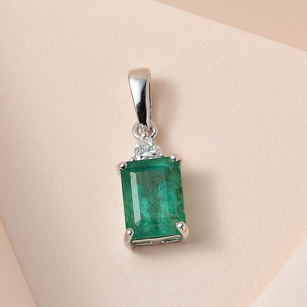 9K White Gold Zambian Emerald and Moissanite Pendant 1.54 Ct