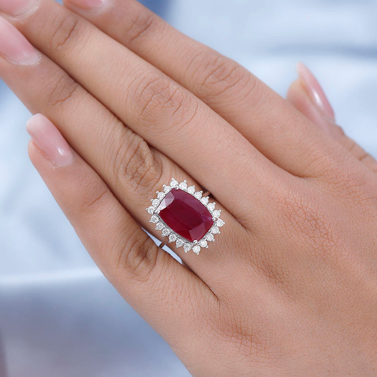 10.9 Ct. AAA African Ruby and Moissanite Halo Ring in 9K White Gold 7382500 9