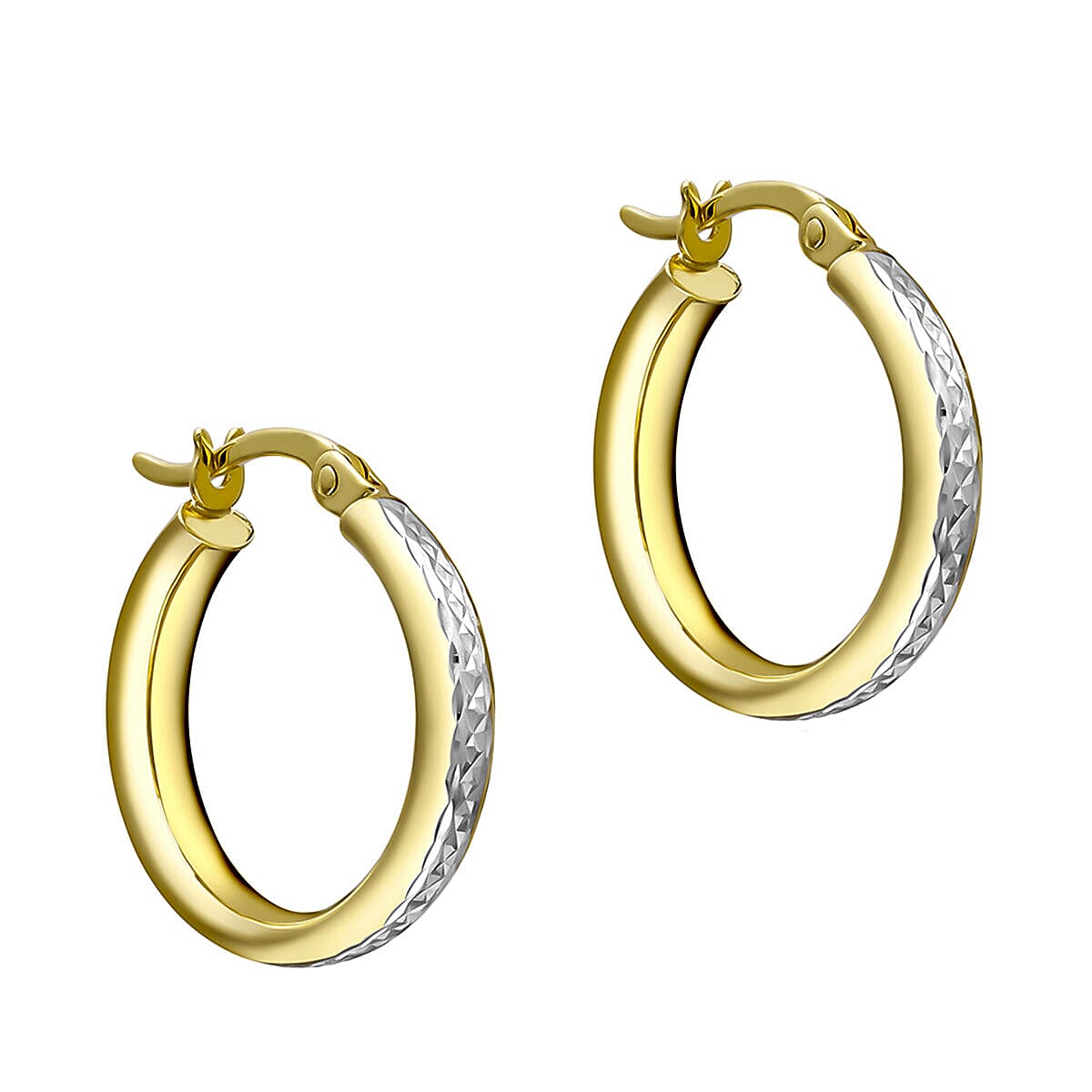 9K Two Colour Gold 3.5mm x 19mm Diamond Cut Band Earrings 7341222 0