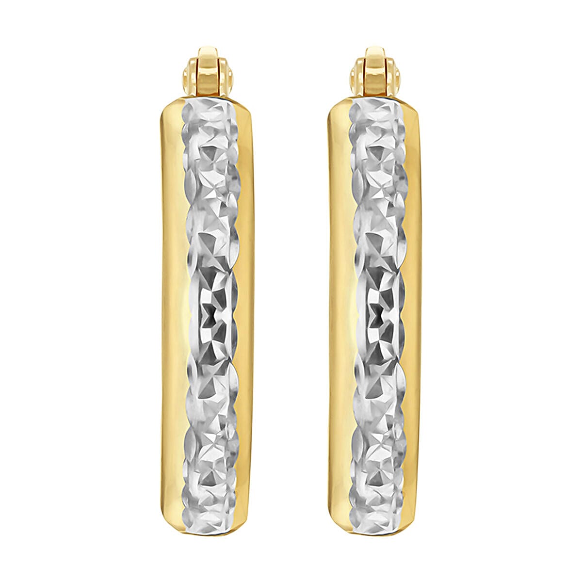 9K Two Colour Gold 3.5mm x 19mm Diamond Cut Band Earrings 7341222 2