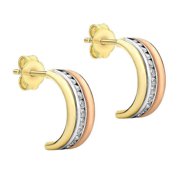 9K Three Colour Gold CZ 5mm x 14mm Half Hoop Earrings 7341463 1