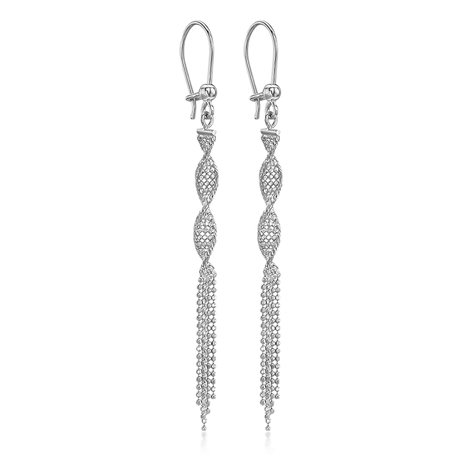 9K White Gold 4mm x 69mm Diamond Cut Ball Twist Tassel Drop Earrings 7341964 0
