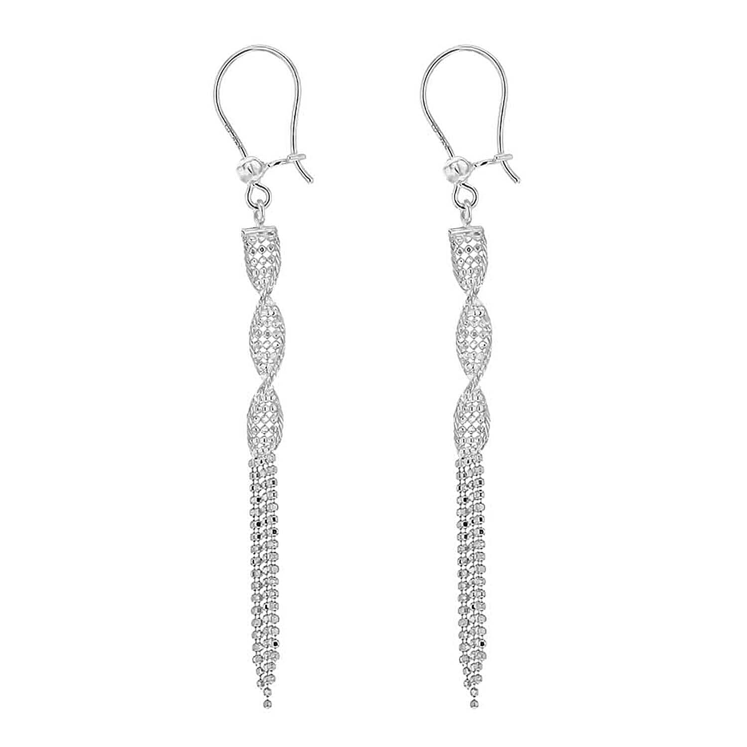 9K White Gold 4mm x 69mm Diamond Cut Ball Twist Tassel Drop Earrings 7341964 1