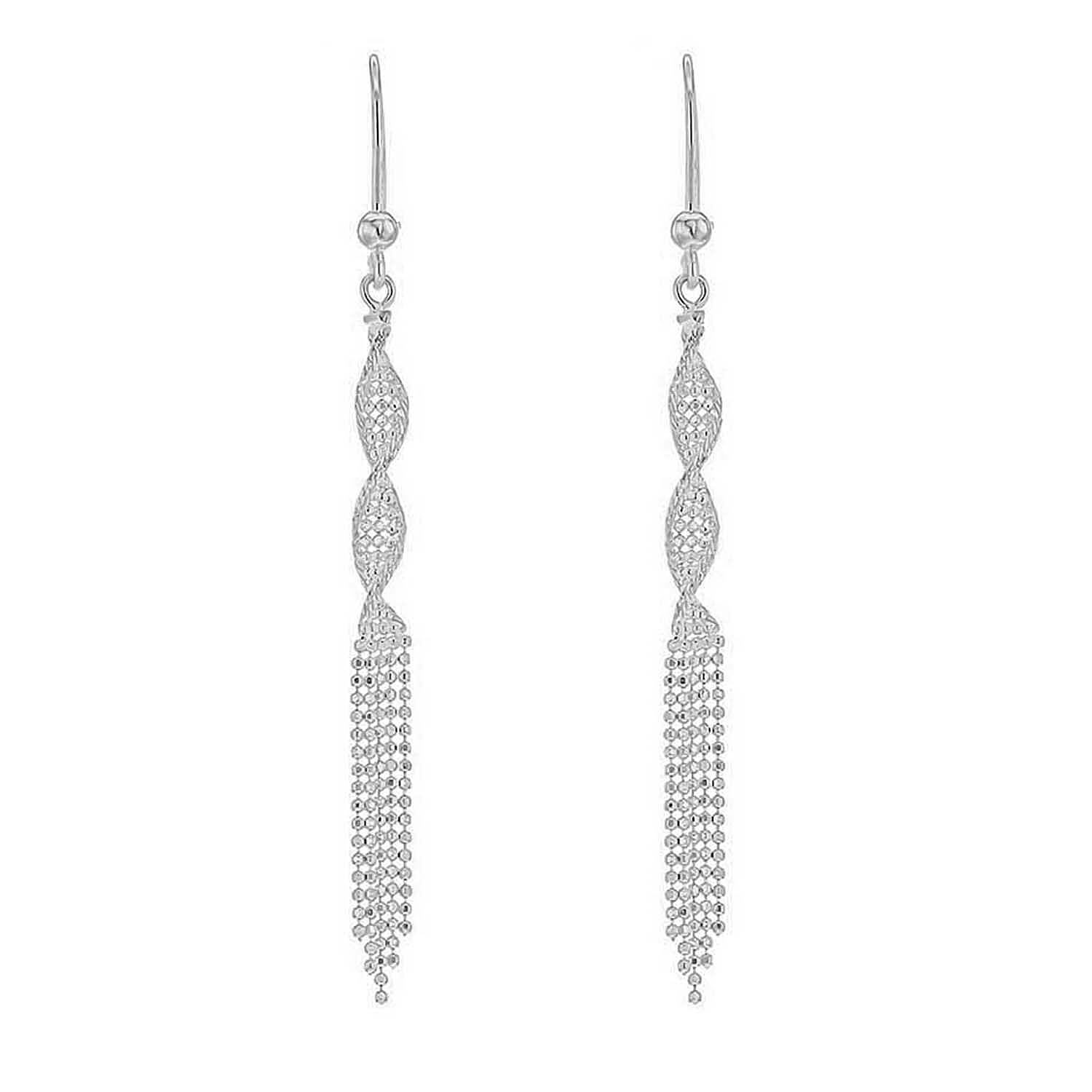 9K White Gold 4mm x 69mm Diamond Cut Ball Twist Tassel Drop Earrings 7341964 2