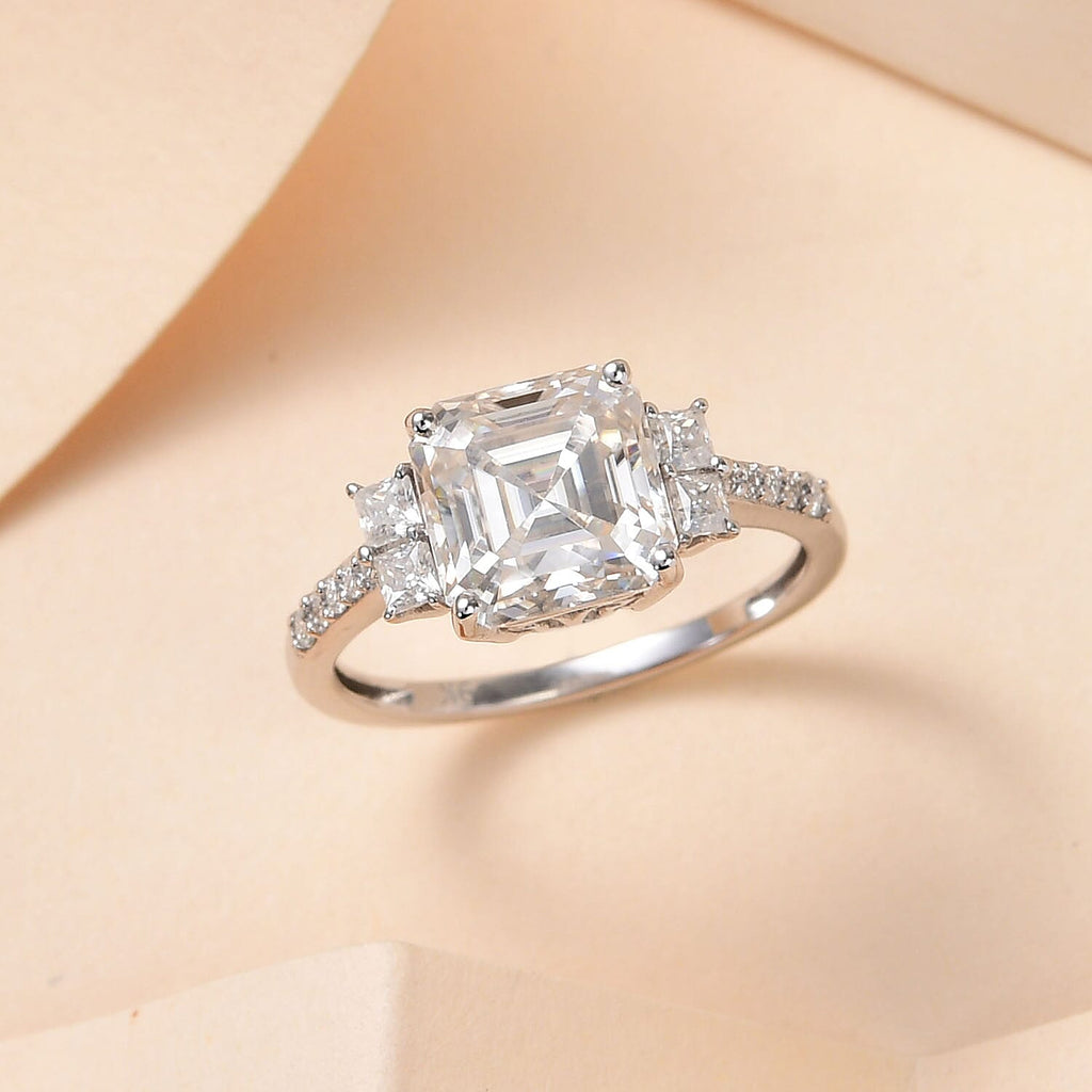 9K White Gold Moissanite (Asscher Cut) Ring 2.92 Ct.