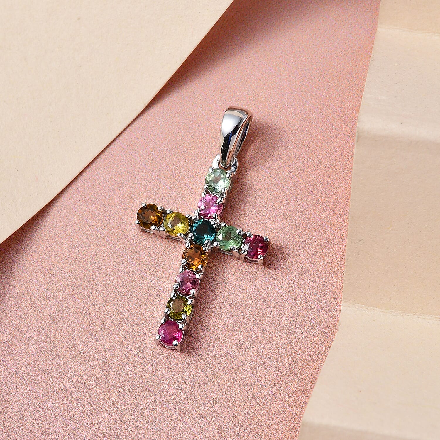9K White Gold Multi-Tourmaline Cross Pendant 7257788 2
