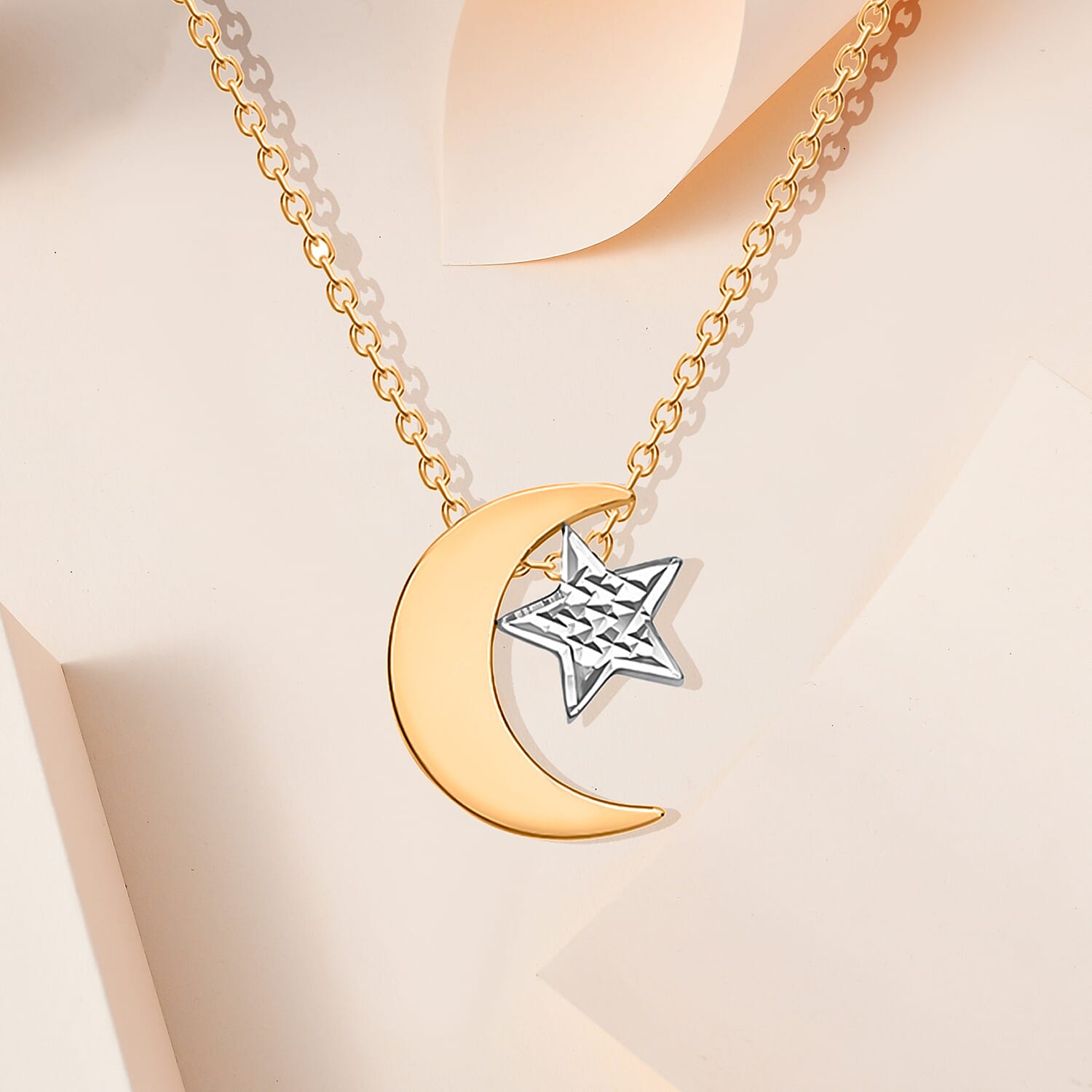 9K Two Colour Gold 10mm x 11.8mm Polished Moon and Diamond Cut Star Adjustable Necklace 17 Inch to 18 Inch 7343596 2
