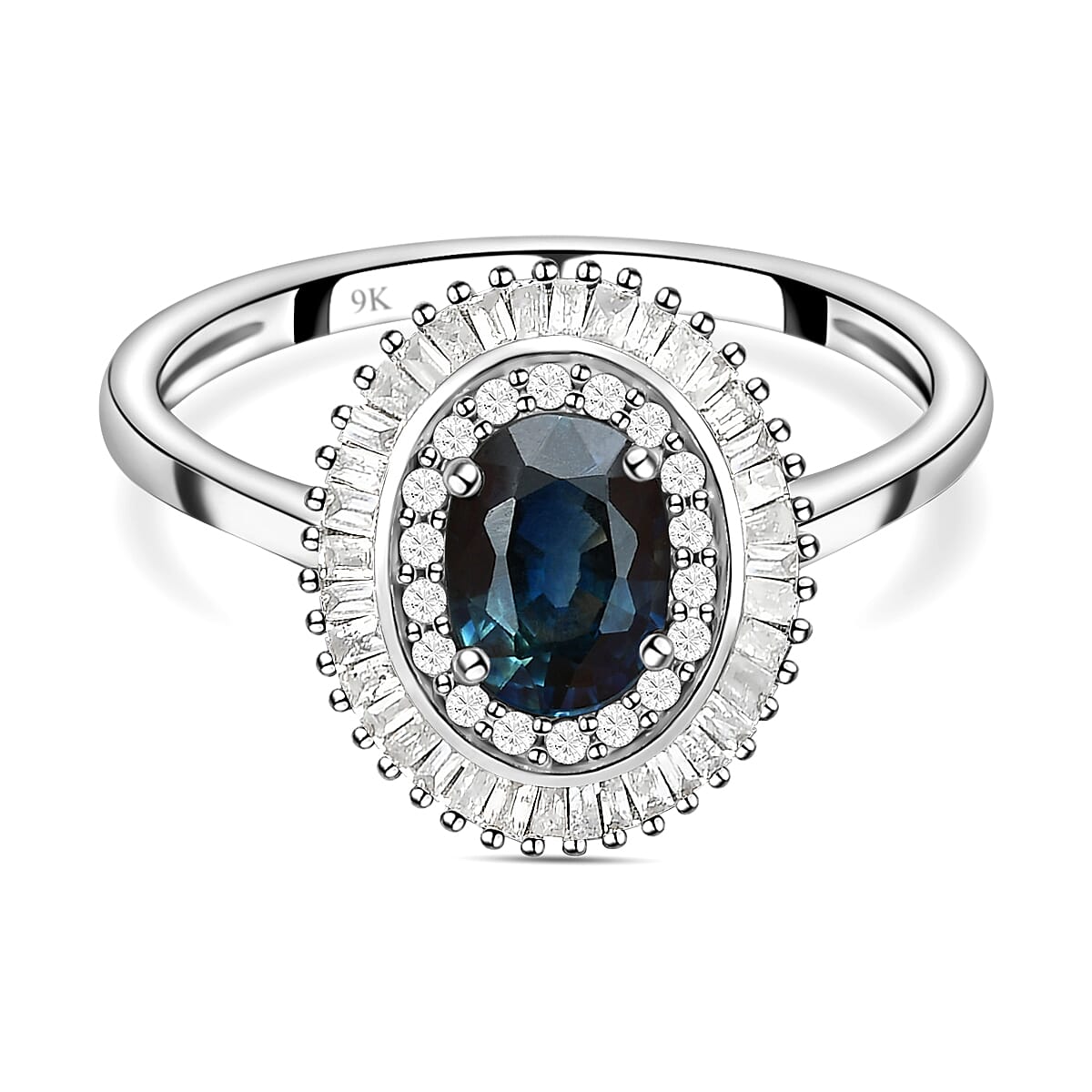 9K White Gold Ocean Blue Sapphire Halo Ring with Diamond 1.22 Ct. 8931692 0