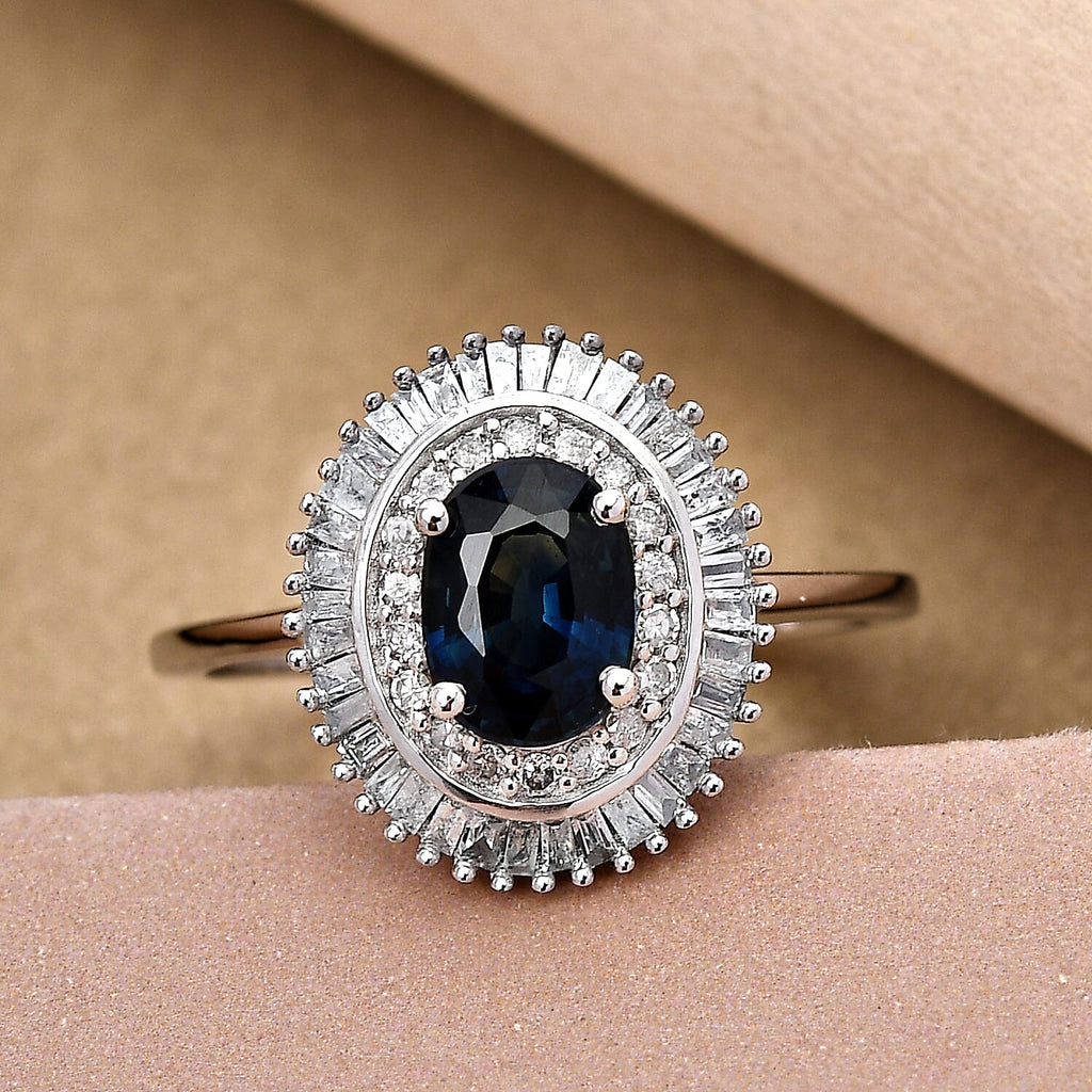 9K White Gold Ocean Teal Sapphire and Diamond Ring 1.22 Ct.