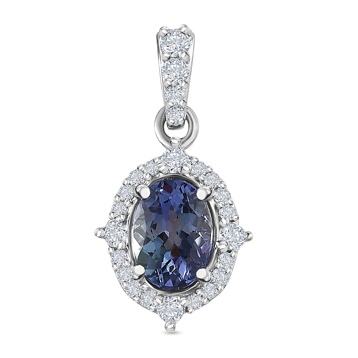 9K White Gold Peacock Tanzanite and Moissanite Halo Pendant 1.40 Ct. 7623879 0