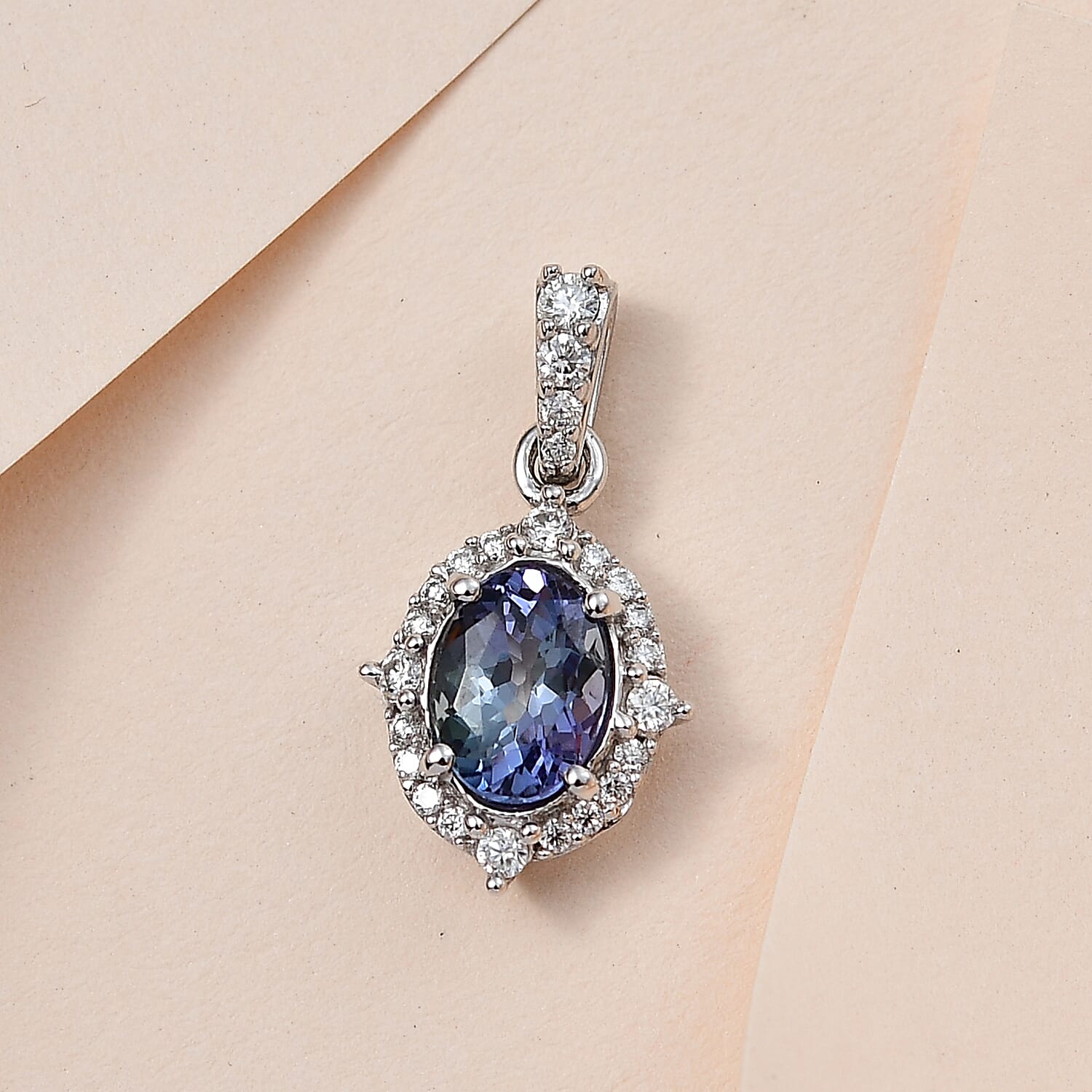 9K White Gold Peacock Tanzanite and Moissanite Halo Pendant 1.40 Ct. 7623879 2