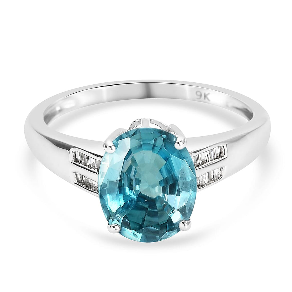 9K White Gold AA Ratanakiri Blue Zircon and Diamond Ring 4.19 Ct.