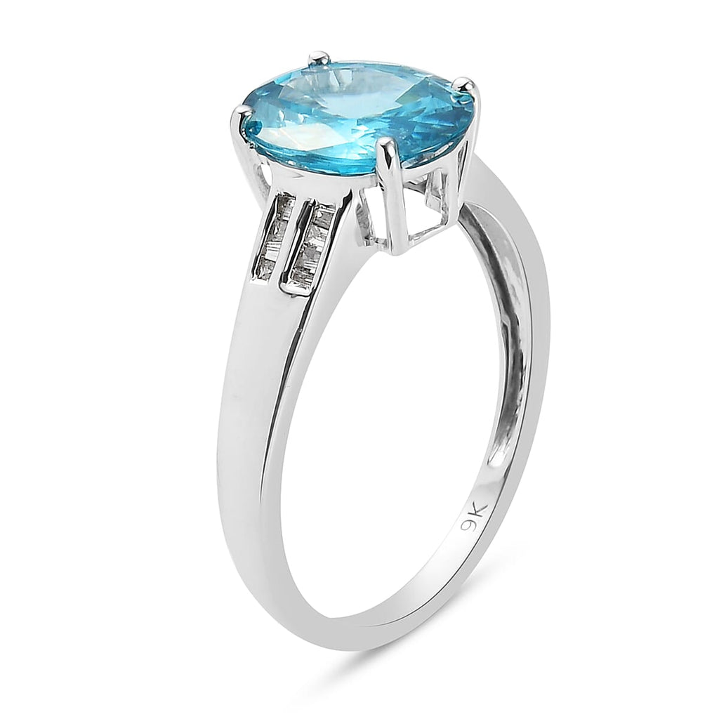 9K White Gold AA Ratanakiri Blue Zircon and Diamond Ring 4.19 Ct.