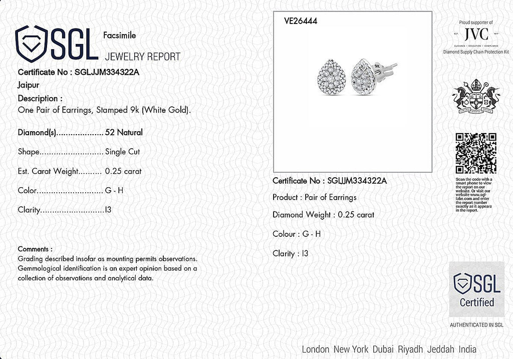 SGL Certified - 9K White Gold Diamond (G-H) Stud Earrings (with Push Back) 0.25 Ct