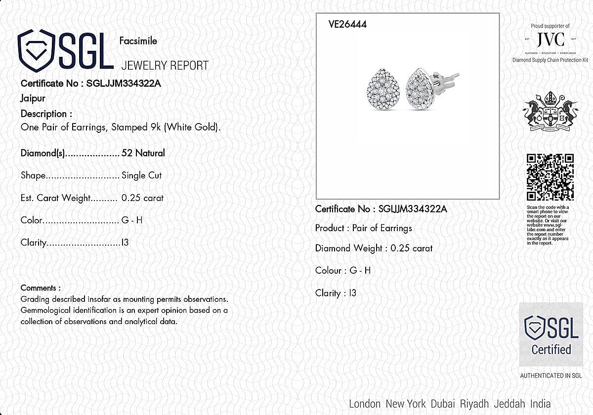 SGL Certified - 9K White Gold Diamond (G-H) Stud Earrings (with Push Back) 0.25 Ct 7370321 6