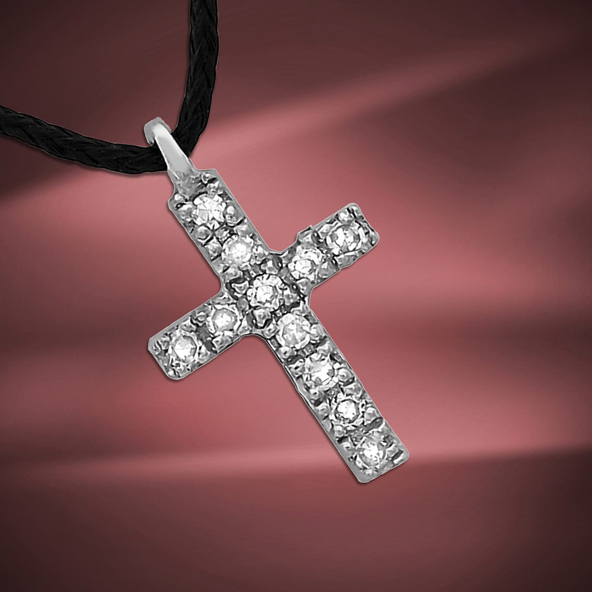 9K White Gold Diamond Cross Pendant on Adjustable Black Cord Necklace 16 Inch 7327997 1