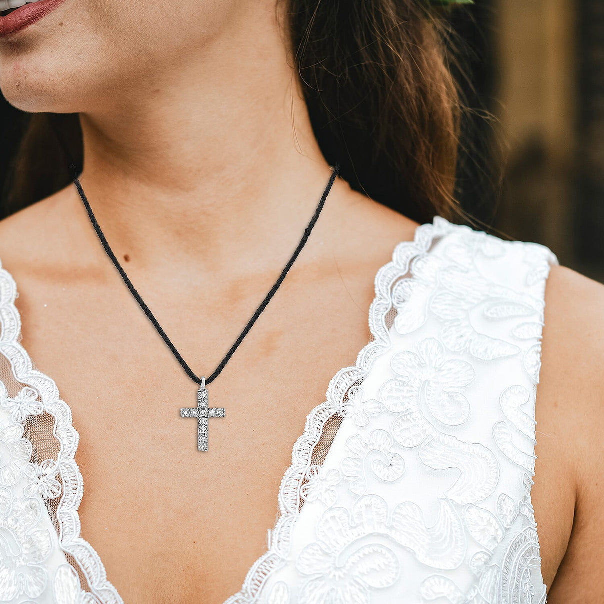 9K White Gold Diamond Cross Pendant on Adjustable Black Cord Necklace 16 Inch 7327997 2